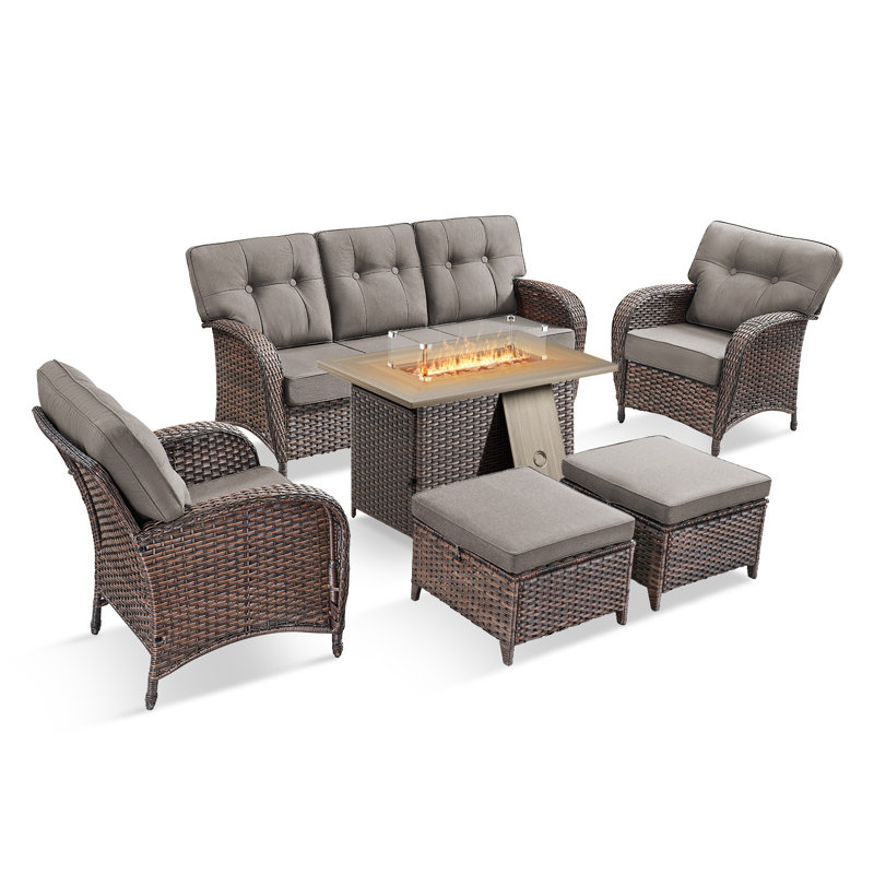 Teebeck 6-Piece Outdoor Wicker Patio Conversation Set With Rectangle Fire Pit Table And Lounge Chairs, Gray