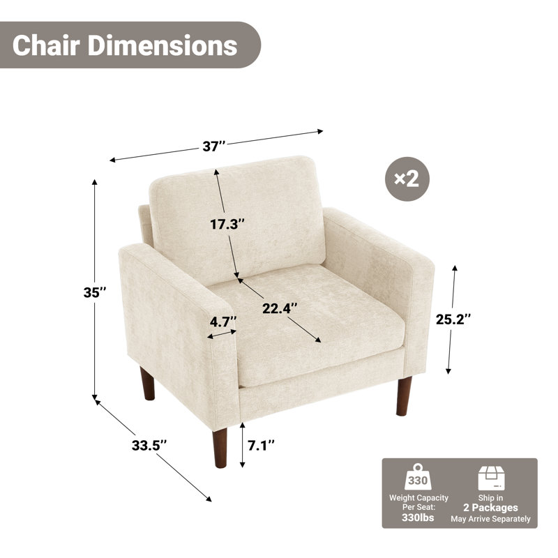 37 " Faux Leather Accent Chair Spacious Upholstered Armchair Set Of 2, Beige Chenille