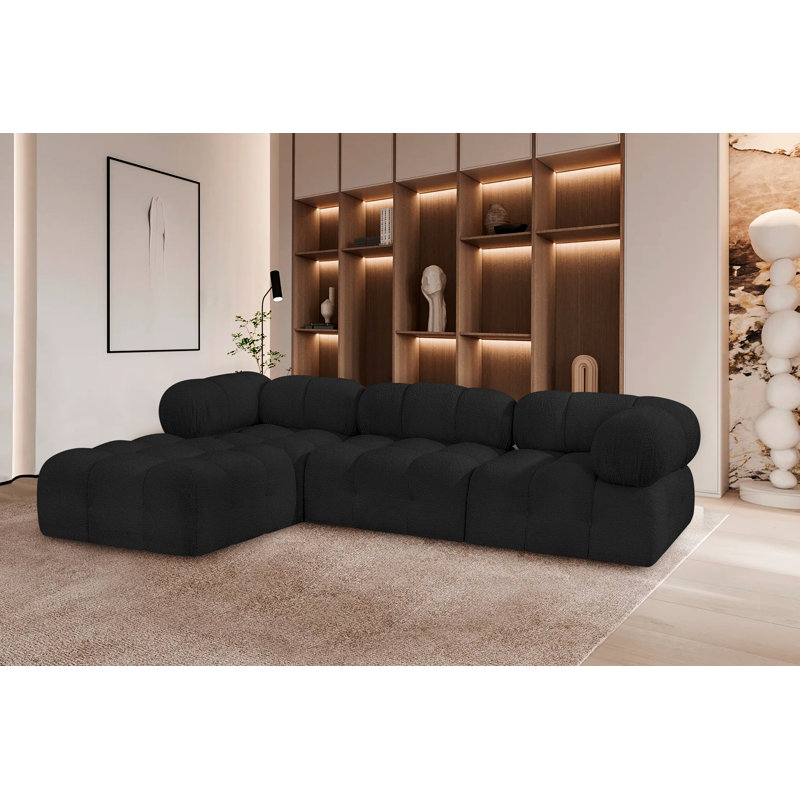 Ames Upholstered Sofa, Black Boucle Fabric, 1 Armless, 2 Corner, 1 Ottoman