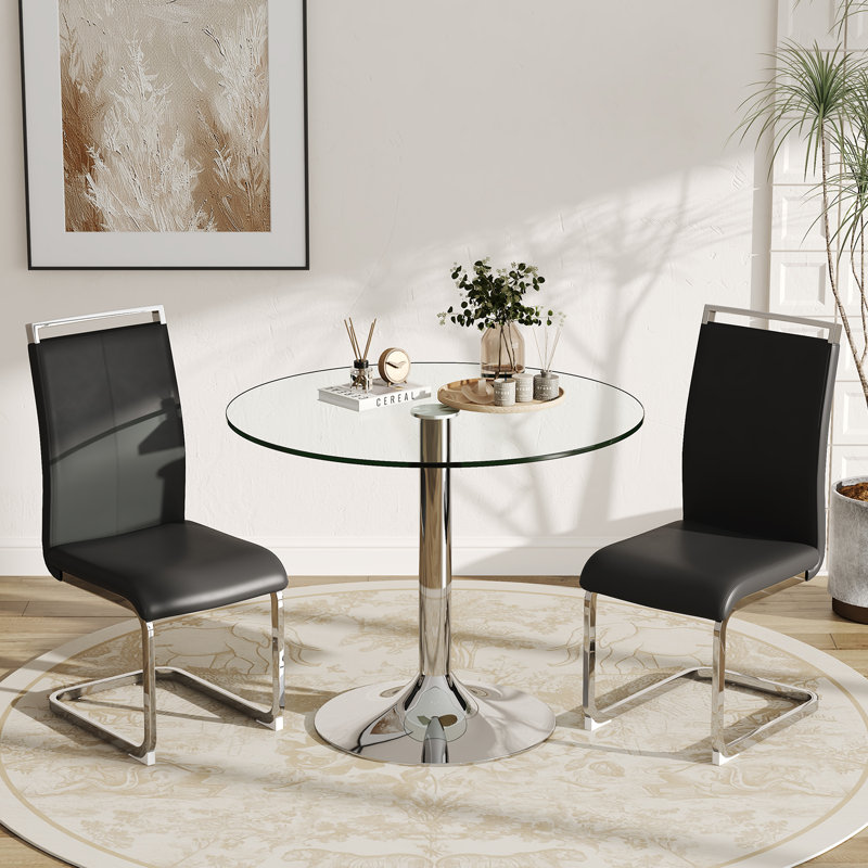 Ensemble de table de salle à manger moderne en verre trempé avec chaises rembourrées en similicuir, Noir