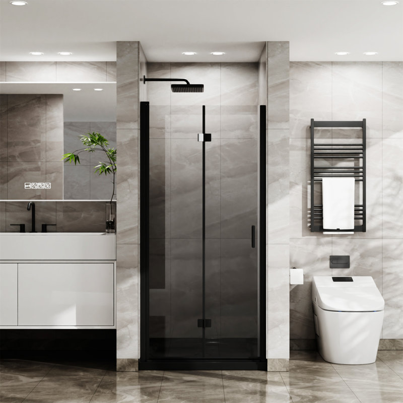 Goodyo 34"X 72" Bifold Frameless Glass Shower Door 1/4 Inch Tempered Clear Glass Pivot Swing Shower Panel In Black Finish