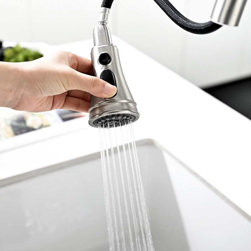 Kitchen Sink 3 Hole Faucet, Pull Down In Brushed Nickel, 2 Handles, Efficient Design Bridge , Nickel Finish, Modern