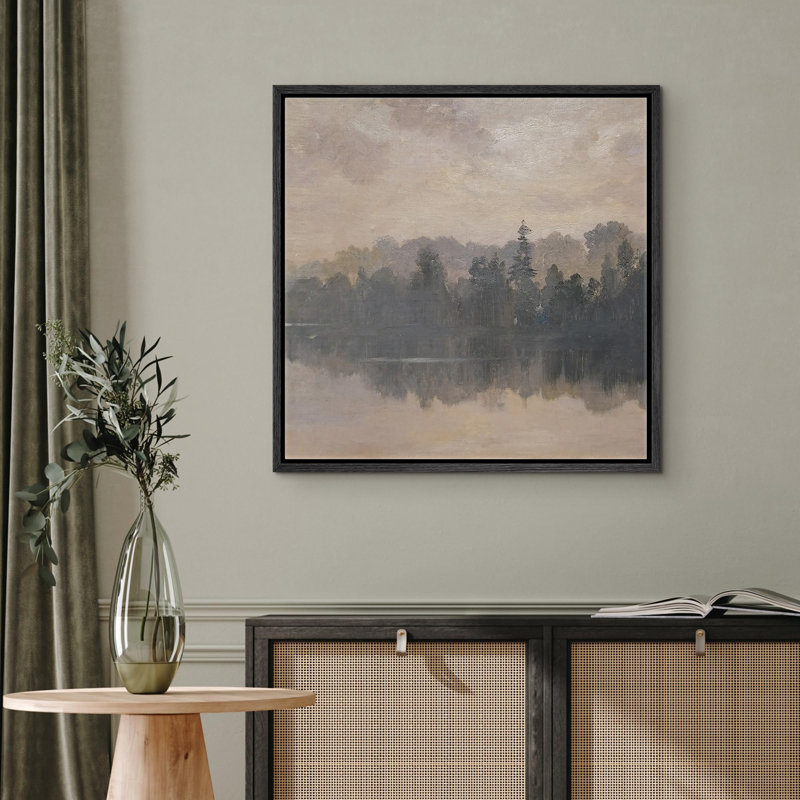 «Vintage Misty Forest Reflection Serene Lake Landscape Illustration Rustic French Country», H 16 po x l 16 po, Naturel