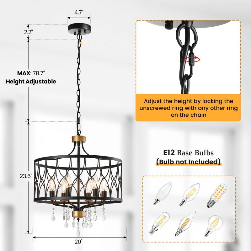 Gaschler 6-Light Dining Room Chandeliers Dimmable and Adjustable Height in Black, 6 - Light