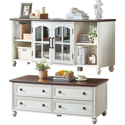 Ensemble meuble télé et table basse style ferme, meuble multimédia en bois pour téléviseurs jusqu'à 70 pouces avec table basse de rangement, poignées en laiton et pieds en bois.