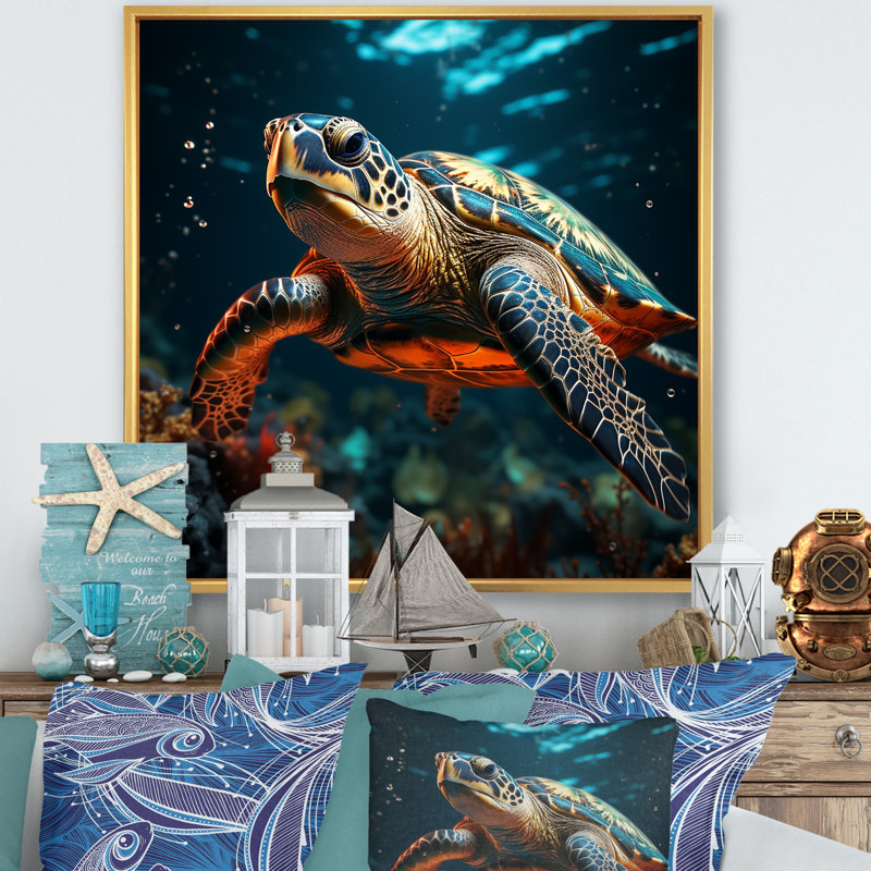 Représentation réaliste d'une tortue I sur toile, Cadre flottant doré, H 16 po x l 16 po x P 1 po