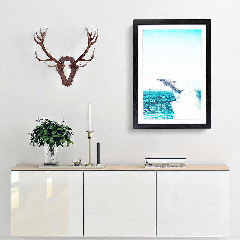 Jumping Dolphin Abstract Art - Framed Print, 76cm H x 50cm W x 2cm D, Black