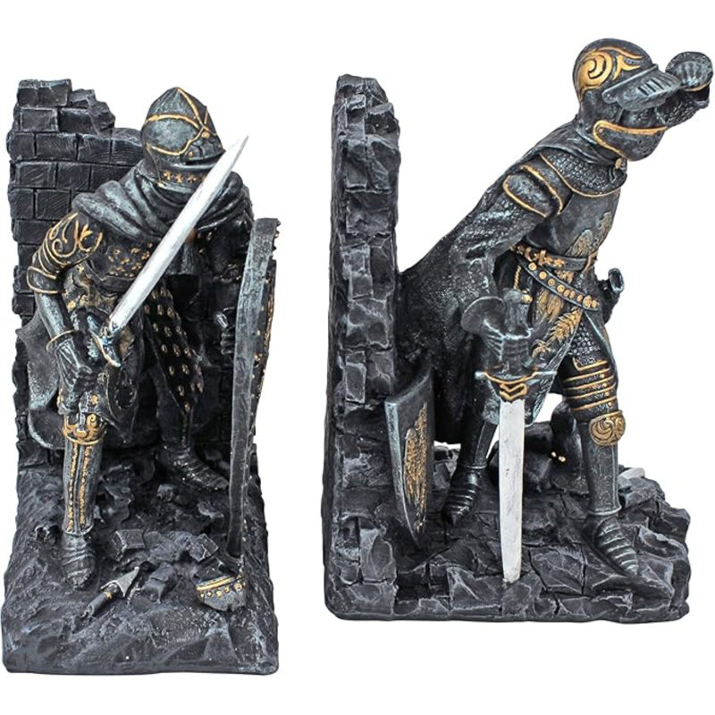 Arthurian Knight Medieval Decor Bookend Statues, 20.25 Cm, Set Of Two, Polyresin, Grey Stone