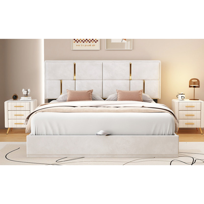 Grand lit tapissier beige avec système de rangement - Pas de sommier pour plateforme fonctionnelle