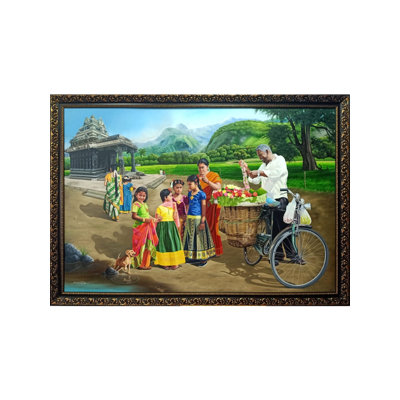 «South Indian Temple View», peinture par Gokulam Vijay - 48 po x 72 po, huile sur toile, art mural vibrant et décoratif, décoration traditionnelle faite à la main
