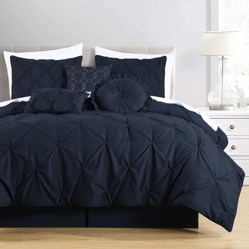 Ensemble d'édredon en microfibre 7 pièces Sydney Pintuck, Édredon de grande taille et 6 pièces supplément, Bleu minuit