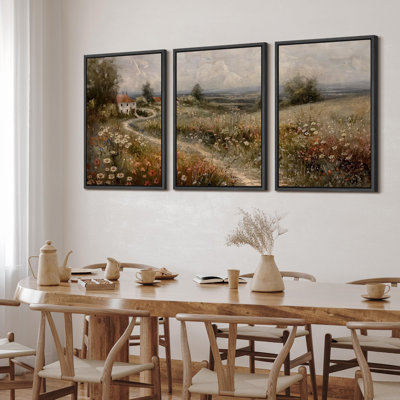 Wildflowers " Countryside Cottage Idyllic Landscape With Floral Illustration Rustic Decor Relax Calm Chic " 3 - Pieces