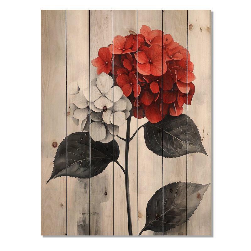 Hortensias monochromes avec accent de pétales rouges I - Art mural en bois d'hortensias - sur bois de pin naturel