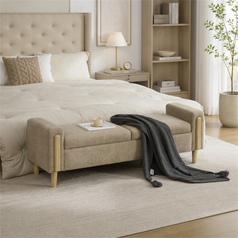 Banc de rangement moderne rembourré avec double couvercle et accoudoirs pour une organisation polyvalente du salon, Greige