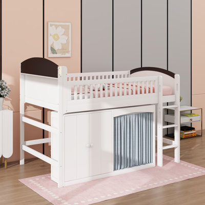 Lit mezzanine avec garde-robe et armoire de rangement, lit mezzanine moderne en bois massif avec DEL, rangement et échelle, garde-corps
