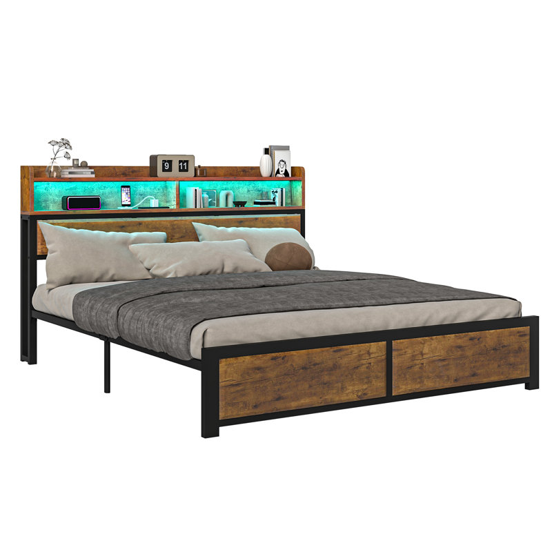 Kingsize Bed Frame with LED Headboard, Metal Platform Bed Frame with USB Ports&Charging Outlets, 2 Tiers Storage Shelves, Tan