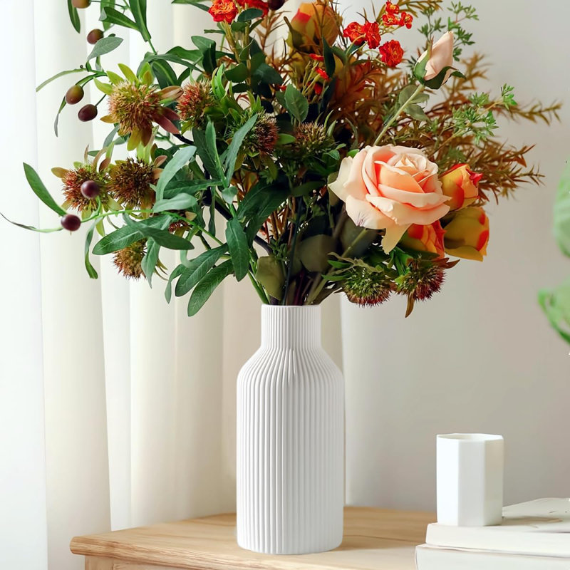 Ensemble de 3 vases en céramique nervurés blancs, vases à fleurs minimalistes modernes pour la décoration intérieure, pièce maîtresse de style bohème pour table, tablette, manteau de cheminée, foyer, entrée