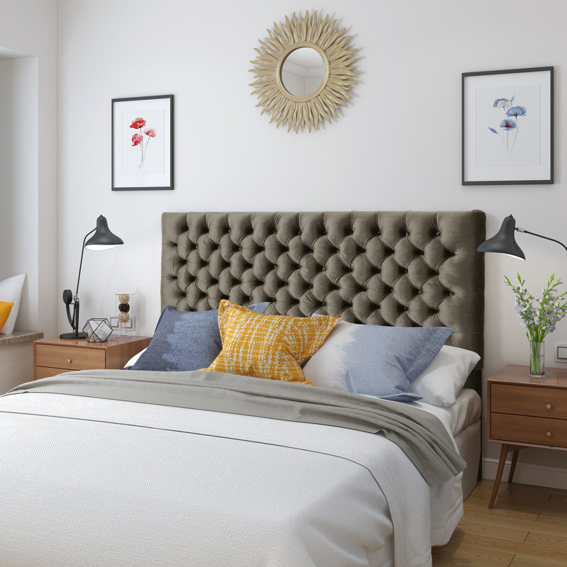Grey Velvet Headboard With Adjustable Height, Meeting Your Bedroom Needs Button- Headboard, Enhancing Sophistication And Style