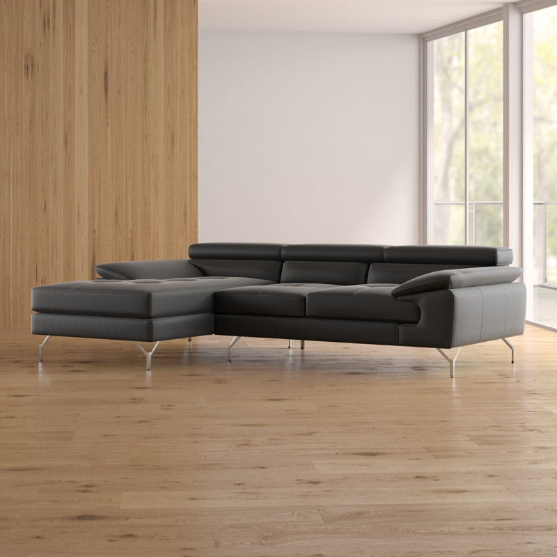 Grasmere Leather L-Shaped Sectional, Black Genuine Leather, Left Hand Facing