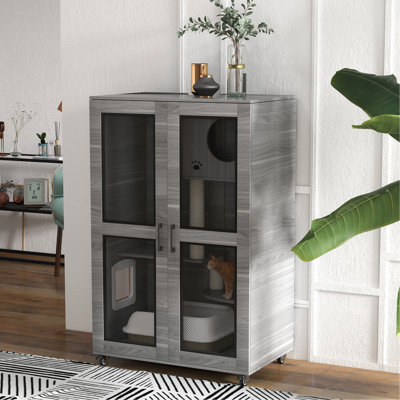 Wheel Cat House, Gray - Indoor Villa With Scratching Posts, , Flap Door, Soft Cushion. Suitable For Cats Up To 10 Lbs. 31.5"X20"X48.5 House Easy-Moving Wheels For