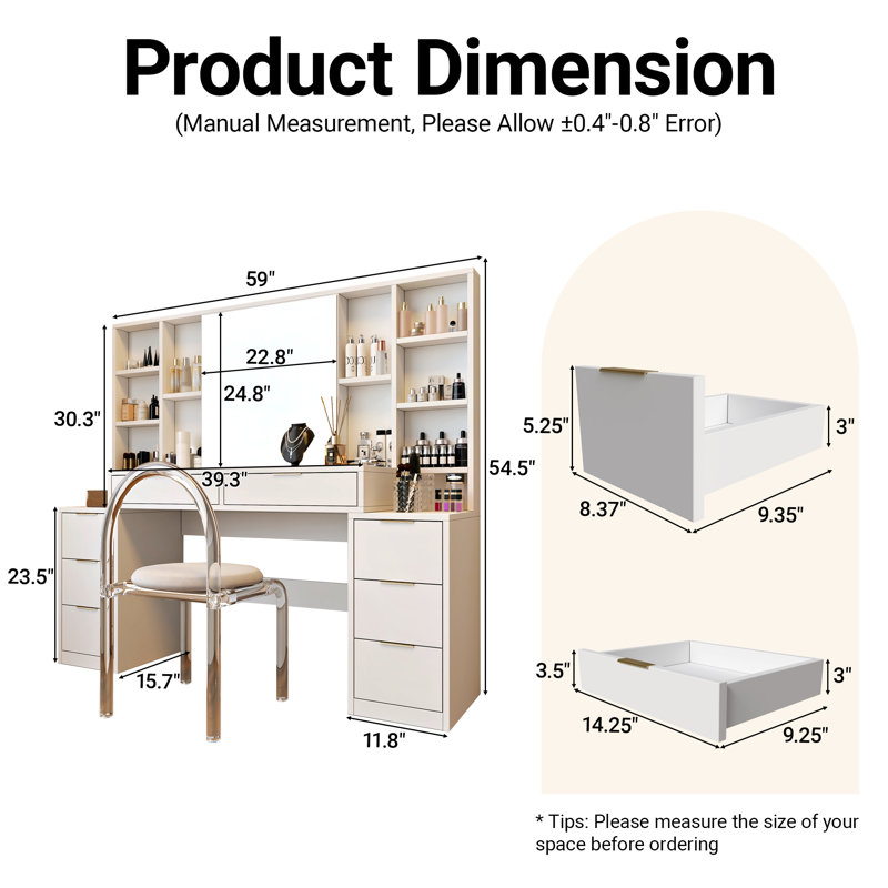 59"W Oversized Makeup Vanity Desk with Mirror and Lights, Vanity Table with 8 Drawers & Open Storage Shelves, Brightness Adjustable