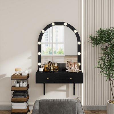 Meuble-lavabo flottant avec miroir et lumières tricolores, coiffeuse murale avec prise de courant, meuble-lavabo compact, grand rangement