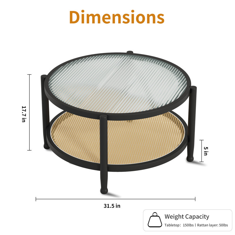 Bay Isle Home Round Rattan Coffee Table with Glass Top, Black, 19.7"H x 23.6"W x 23.6"D