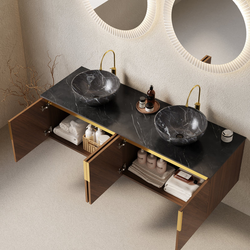 Meuble-lavabo de salle de bain 60 po ARAI, armoire de rangement flottante en contreplaqué avec 4 portes, 2 cuves en céramique avec motif en pierre et comptoir en pierre frittée noire, couleur grain de bois espresso