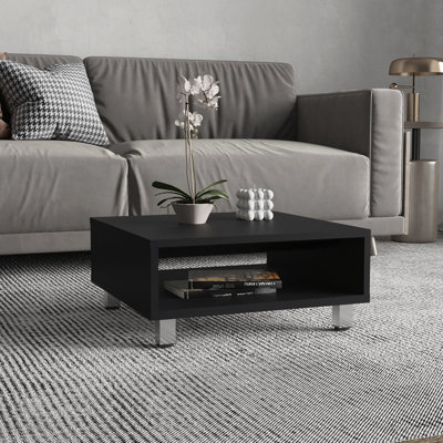 Table basse carrée élégante avec tablette ouverte pour plateau de rangement principal, noir