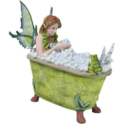 Whimsical Green Fairy Bathing In Tub With Pixie Frog Figurine By Amy Brown
