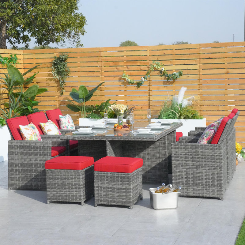 Amher 10 - Person Wicker Patio Dining Set with Rectangular Table , Cushions Included, Gray, Red