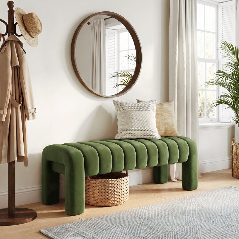 Banc rembourré sans dossier Oyan, H 17 po x l 43,3 po x P 17,3 po, Velours vert