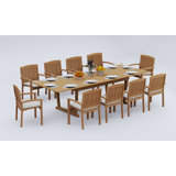 6 Seats 7 Pcs Grade-A Teak Wood Dining Set: 118" Double Extension Mas Rectangle Trestle Leg Table And 6 Wave Stacking Arm Chairs #11WV2506