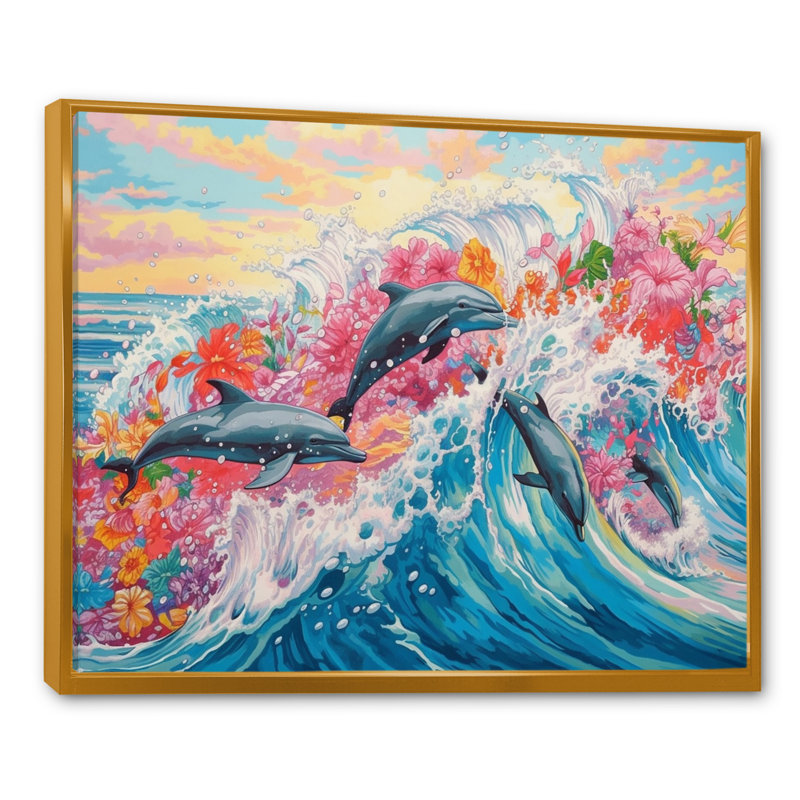 Dauphins colorés - art mural dauphin, Cadre flottant doré, 12" H x 20" W