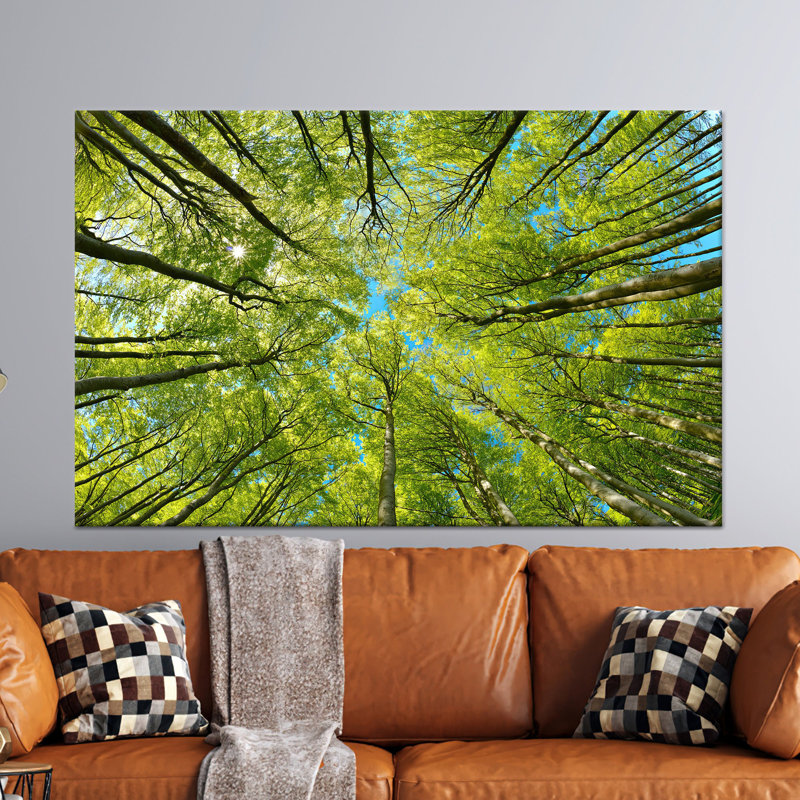 Reproduction d'art sur toile imprimée: art mural en verre avec vue sur la forêt, décor d'arbre vert, toiles à cadre noir 1P