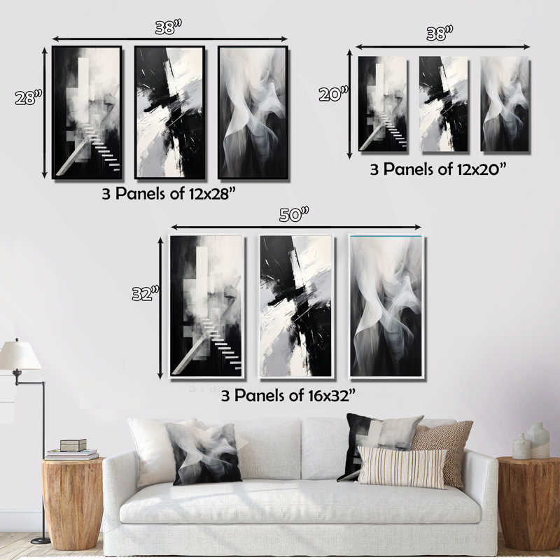 Stairway To Afterthoughts Minimal Black And White - Abstract Painting Art Set Of 3 Pieces, Encadré naturel, H 40 po x l 60 po