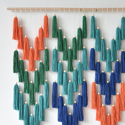 Macramé fil tendu à la main Boho Vague fait à la main pompon 47 "* 39", bleu orange vert