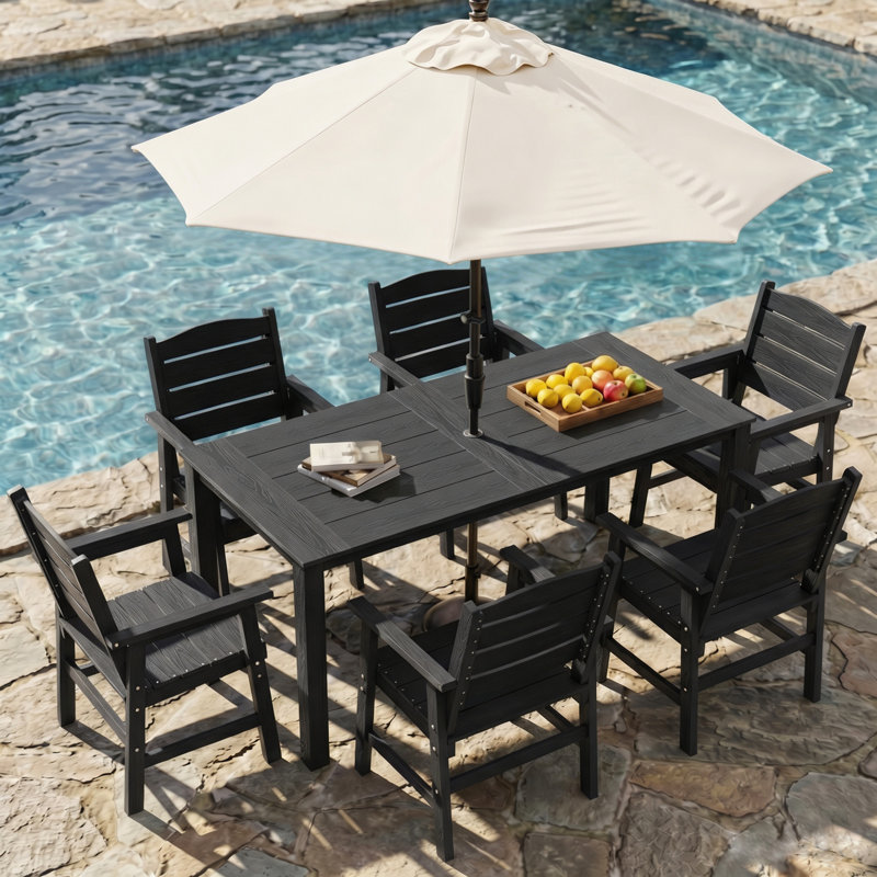 Ensemble de salle à manger de patio pour 6 personnes toutes saisons Ensemble de table d'extérieur et chaises de haute qualité avec trou pour parasol et cadre en aluminium pour l'extérieur, jardin, terrasse, bord de piscine, noir