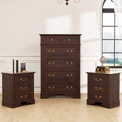 Ensemble de chambre à coucher 3 pièces - commode 6 tiroirs et 2 tables de chevet