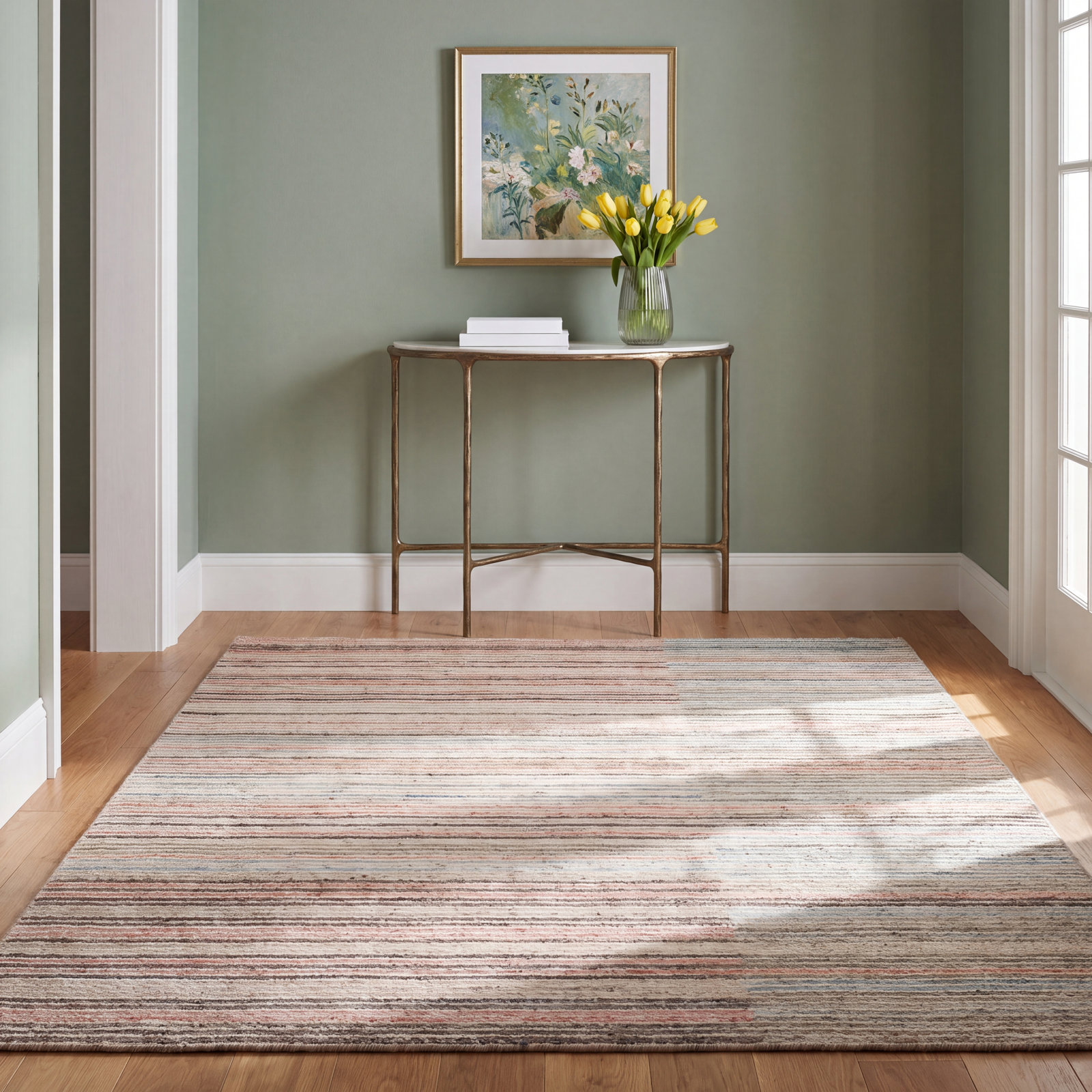 Beige Brown Hand-Tufted Striped Wool Rug, Rectangle 7'9" x 9'9"