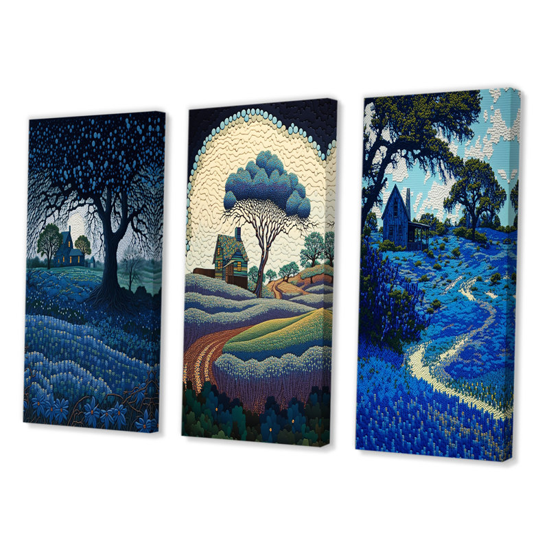 «Field With Farm And Blossoming Bluebonnets», 3 pièces, Toile tendue, H 28 po x l 36 po
