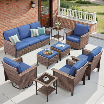 Ensemble de conversation d'extérieur en osier 9 pièces avec fauteuils et chaises pivotantes Coady