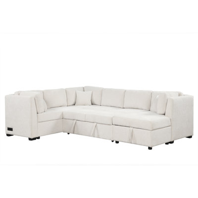 108.6" U-Shaped Sectional Sofa Pull Out Sofa Bed With Two Usb Ports, Two Power Sockets, Three Back Pillows And A Storage Chaise For Living Room, Beige