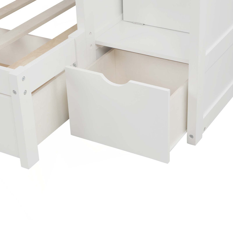 Lit superposé inférieur convertible avec tablettes et tiroirs de rangement, Blanc