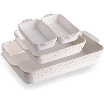 Rectangular baking tray with handle, ceramic baking tray set of 4, thousand layered baking tray for cooking, baking, baking, banquets, and daily use (kiln whitening)