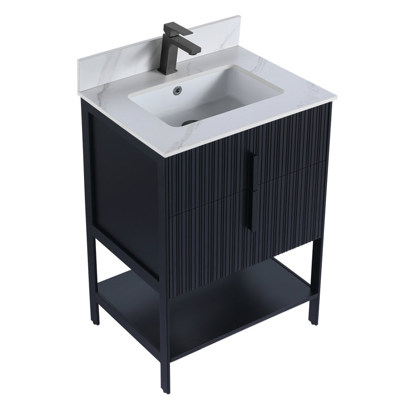  Meuble-lavabo moderne avec plateau en pierre de Carrare Serenity, 24", Marbre de Carrare blanc, Noir mat / noir