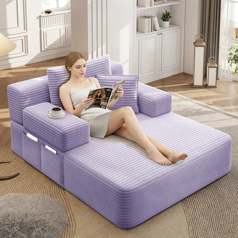 Chaise longue en velours côtelé luxueux avec 3 coussins, Purple Fabric
