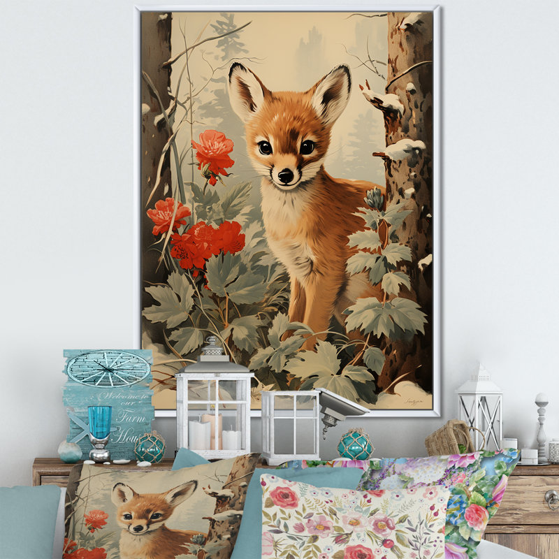«Brown Deer Winter Adventure I - Fox Animal», art mural, Silver Picture Framed, 20" H x 12" W