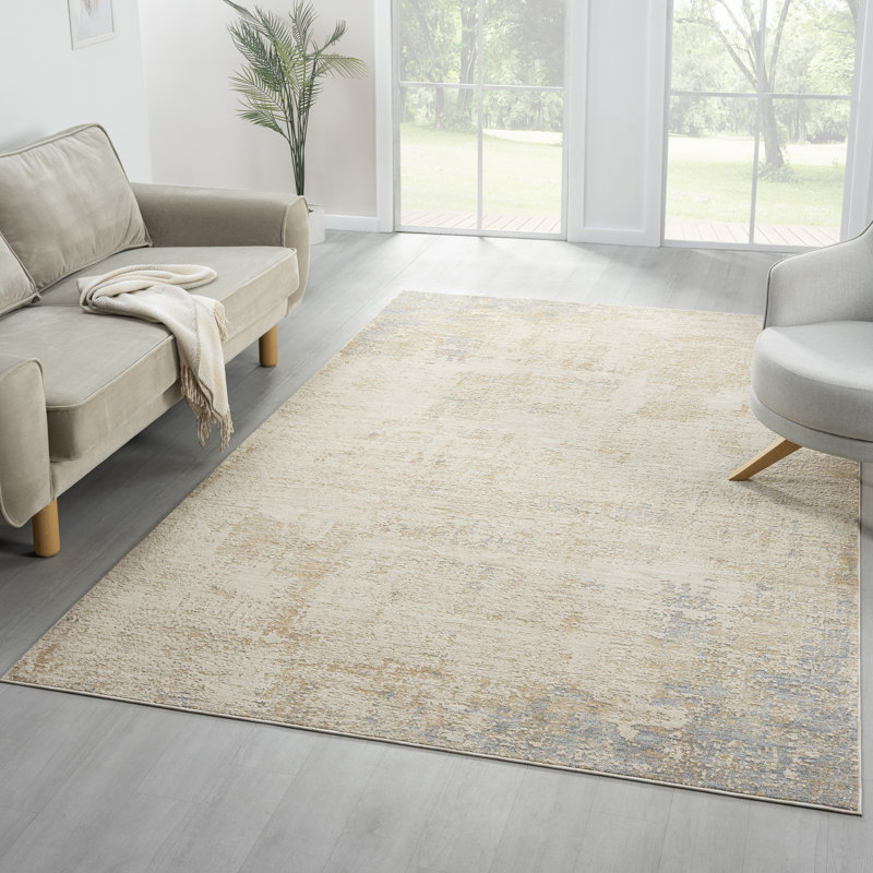 Kwamane Beige/Stone Blue Modern Abstract Power-loomed Indoor Area Rug, Rectangle 6' x 9'3"