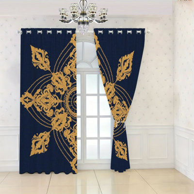 2Pcs rideaux occultants élégants en damas, rideaux à œillets en tissu doux à motif orné d'or, panneaux bloquant la lumière pour le salon, la chambre à coucher, la décoration intérieure